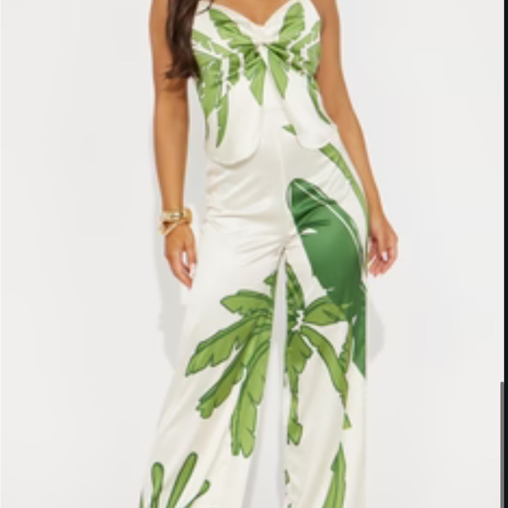 Fashion Nova Leafy Green and White Jumpsuit